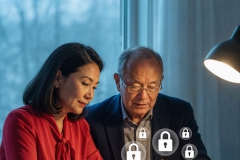 cybersecurity-professionals-examining-tablet-with-digital-padlocks-scaled